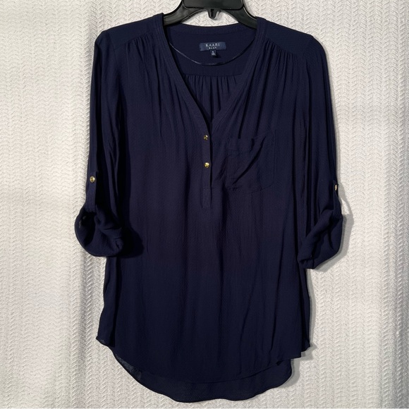 kaari blue / navy blouse with curved bottom and gold buttons size small - Picture 1 of 6